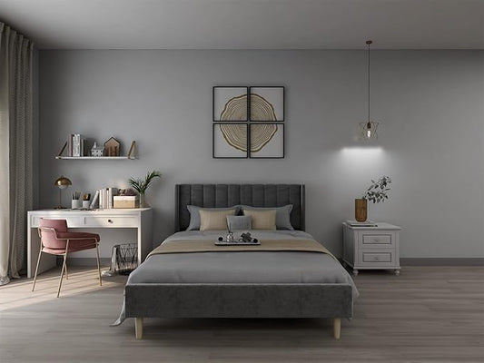 Low Profile Upholstered Platform Bed,Queen Beds with Dark-Grey(Velvet)