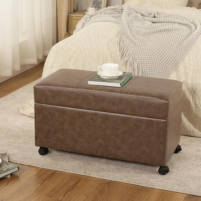 Joveco 32" Leather Storage Ottoman Bench with Wheel, Rectangle Foot Rest Stool for Living Room, Bedroom, Entryway,Earthy Light Brown Veining