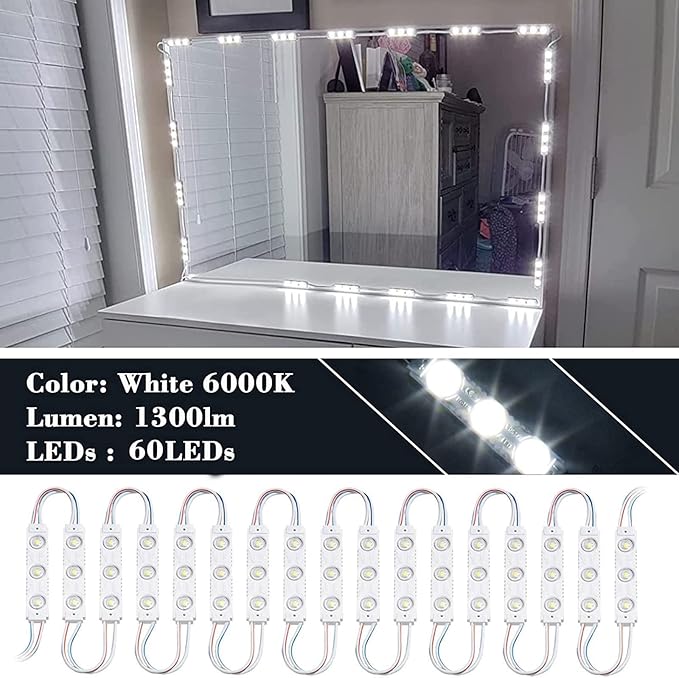 Kintion LED Vanity Mirror Light, Hollywood Style 60pcs Ultra Bright White LED, 9.8ft/3m Dimmable Strip Light, Bathroom Waterproof, Memory Function, Time Shutdown, Breath Mode (Mirror Not Include)