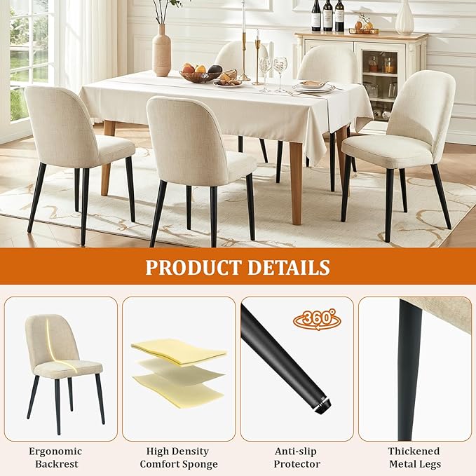 Upholstered Dining Chairs Set of 4, Mid Century Modern Fabric Dining Room Chair High-Back Padded Kitchen Chairs with Padded Seat and Metal Legs for Kitchen Dining Room Restaurant Cafe, Beige