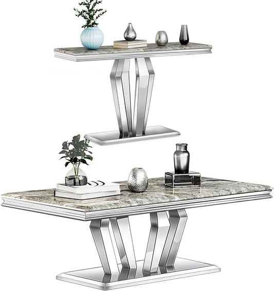 Coffee Table Set, 48 inches Modern Silver Coffee Table with 4 Geometric Mirrored Bases and Rectangular Silver Console Table with Gray Top for Living Room (Coffee Table + Console Table)
