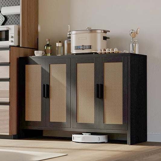 Mericonia Rattan Buffet Cabinet with Storage, Sideboard with Doors, TV Stand, Farmhouse Side Board Coffee Bar, Modern Wood Storage Cabinets for Livingroom, Kitchen and Dining Room (Black)