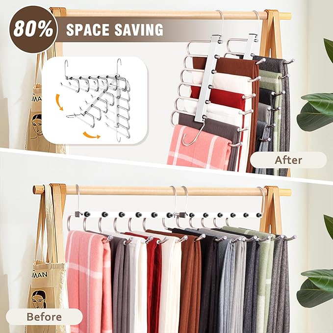 4 Pack 6-Tier Space Saving White Pant Hangers, Anti-Slip, Lightweight, Stainless Steel, Ideal for Closet Organization, Free Installation