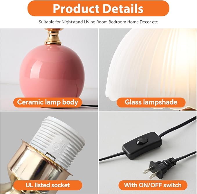 Ceramic Table lamp, Modern Bedside Lamps Pink Mid Century Vintage Desk Lamp Retro Glass Mushroom Traditional Lamp for Nightstand Living Room Bedroom Home Decor (S05PK-1PACK)