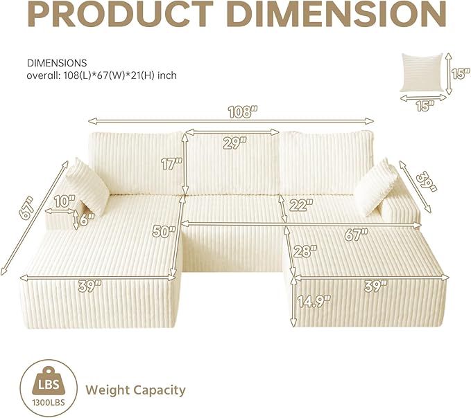 108" U Shaped Sectional Couch with Ottoman, Corduroy Modular Sectional Sofa with Deep Seat, Modern Modular L-Shape Sofa Couch with Chaise,Upholstered Boneless Couches for Living Room Bedroom