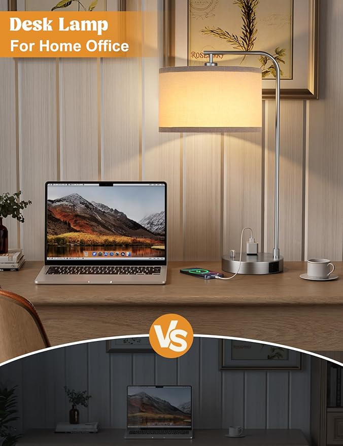 Innqoo Gray Side Table Lamp with USB Port and Outlet, Dimmable Nightstand Bedside Lamps with Linen Lampshade, Desk Lamp for Bedroom, Living Room, Guest Room, Home Office, LED Bulb Included