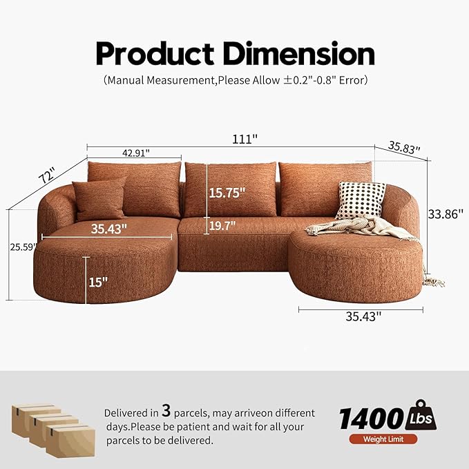 111" Modular Sectional Couches Luxury Modern Curved Back U-Shape Sofa Set with Ottoman,Minimalist Comfy Boneless Cloud Couch for Living Room Apartment,(Left Facing Chaise,Orange)
