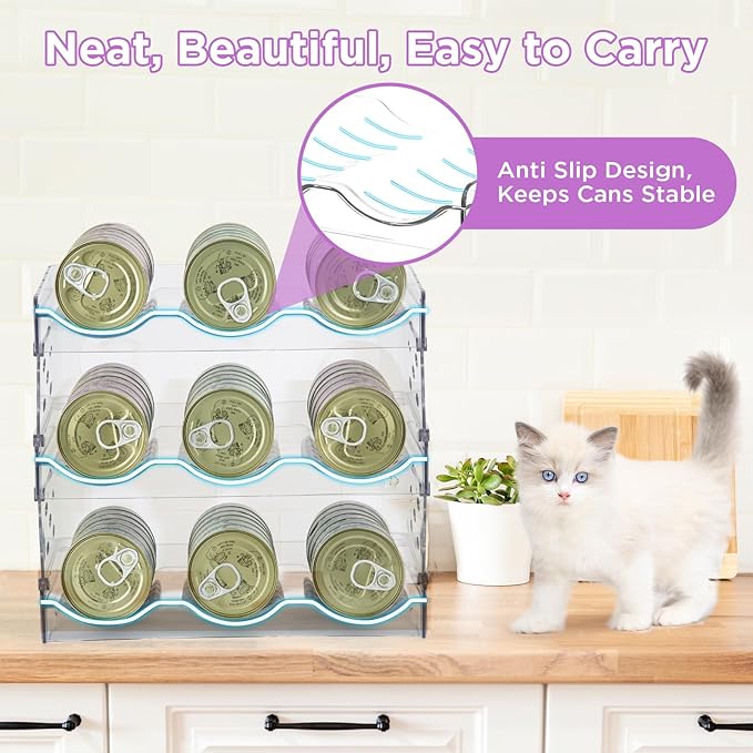 REFLYING Cat Food Can Organizer, 3-Layer Transparent Cat Food Storage Container Holds 54 (3.5oz) Cans, Canned Cat Food Organizer and Storage for Countertop Kitchen Cabinet or Pantry Shelf（3 Layer）