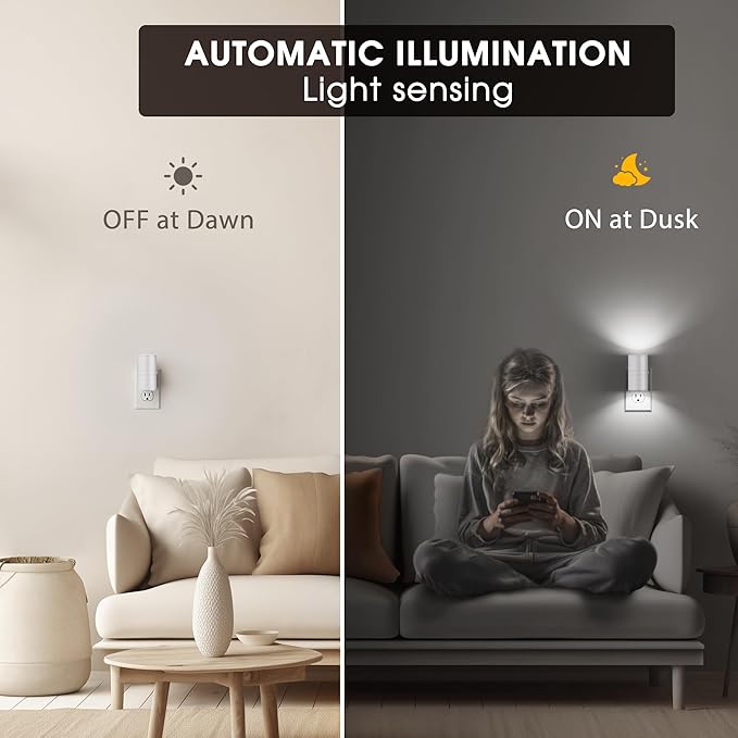 Briignite Night Lights Plug into Wall, Modern LED Night Light Plug in, Dusk to Dawn Sensor, 5000K Daylight, 0-100LM Adjustable Brightness, Dimmable NightLight for Hallway, Bedroom, Stairway, 2 Pack