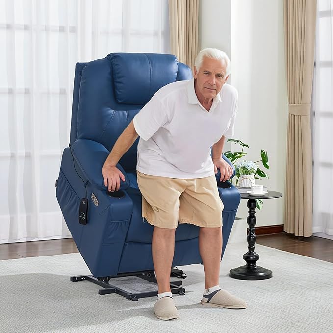 MCombo Electric Power Lift Recliner Chair Sofa with Massage and Heat for Elderly, 3 Positions, 2 Side Pockets, and Cup Holders, USB Ports, Faux Leather 7040 (Blue, Medium)