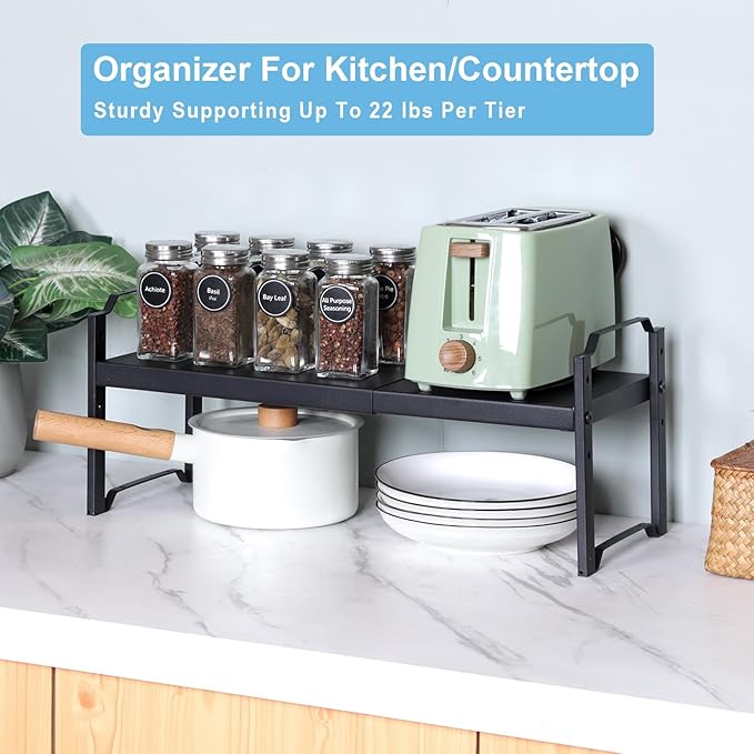 X-cosrack 25.5 Inches 3 Pack Expandable Cabinet Shelves, Stackable Shelf Organizer for Kitchen Cabinet Countertop Storage, Adjustable Counter Cupboard Pantry Organizer Shelf Rack Stand Riser, Black