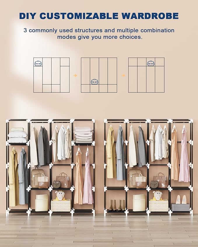 Mavivegue Clothes Organizer with 4 Hanging Rods, Portable Closet Wardrobe, Non-Woven Fabric Cover, Large Capacity Storage for Bedroom and Living Room,Black, 67" W x 17" D x 67" H