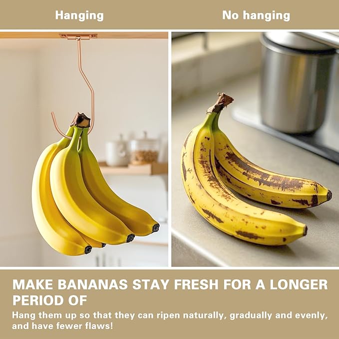 Banana Hanger Hook – Space Saving Banana Holder Hanger to Keep Bananas Fresh, Self Adhesive and Screw Banana Hook 2Pack Rose Gold