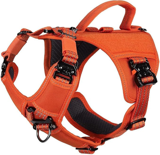 ICEFANG GN8 Tactical Dog Harness with 4X Metal Buckles for Small Sized Dogs,Reflective in Training Walking K9 Vest,No-Pull Front Leash Clip,Adjustable Pet Harness (Orange, Small (Pack of 1))