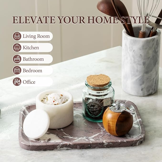 Koville Marble Tray, 12"x8" Marble Vanity Tray for Bathroom Kitchen Countertop, Rectangular Stone Tray for Cosmetics Perfume Trinket, Decorative Catchall Trays (Lilac)