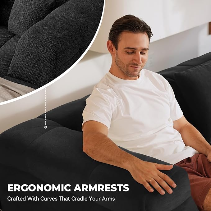 107" Modern Boneless Couch with L - Shaped Chaise, Comfy Chenille Modular Sectional Sofa with Tufted Design, Deep Seat Upholstered Sofa Bed, No - Assembly Sectional Couch, Black