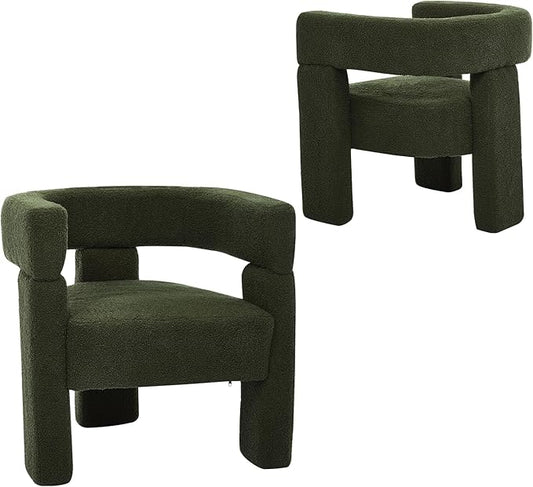 Sherpa Barrel Dining Chairs Set of 2, Upholstered Boucle Accent Kitchen Chairs with Arms, Comfy Faux Fur Side Chair Modern Armchair for Dining Room, Bedroom, Home Office, Green