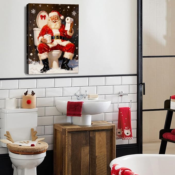 Vintage Humorous Santa Christmas Wall Art - Comical Canvas Print for Bathroom Decor, Ready to Hang Framed Picture, Perfect Funny Christmas Gifts & Quirky Holiday Decorations