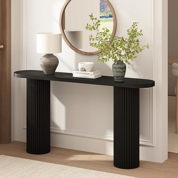 55" Fluted Console Table with Solid Wood Legs, Long Farmhouse Entryway Table with Rounded Corners, Morden Sofa Tables Behind Couch for Foyer, Entrance, Living Room, Hallway