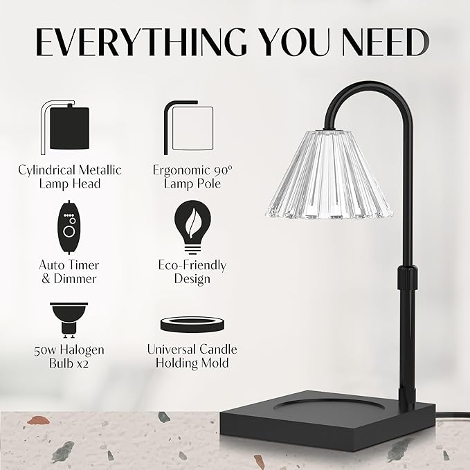 Candle Warmer Lamp with Timer and Dimmer & Includes 2 Bulbs, Electric Wax Candle Lamp Warmer for Jar Candles, Home Decor Aesthetic, and House Warming Gifts - Black Glass