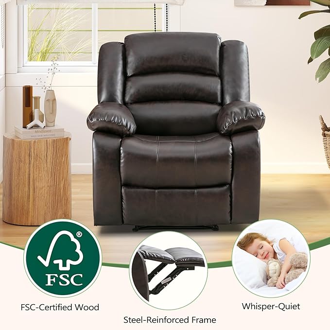 ANJ Manual Recliner Chair, Breathable Faux Leather Reclining Chairs with Overstuffed Arm and Back, Living Room Single Sofa Recliners (Dark Brown)