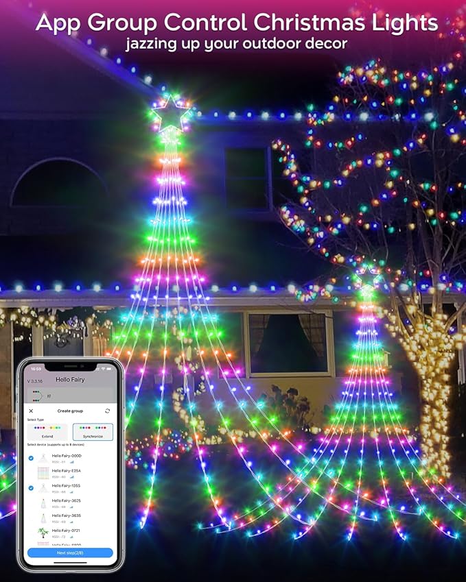 Avatar Controls Smart Outside Christmas Tree Lights for Yard, 16.5FT DIY Color Changing Star Waterfall Lights App Control Music Sync, Timer, Christams Decoations Light Plug in for Outside Xmas Home