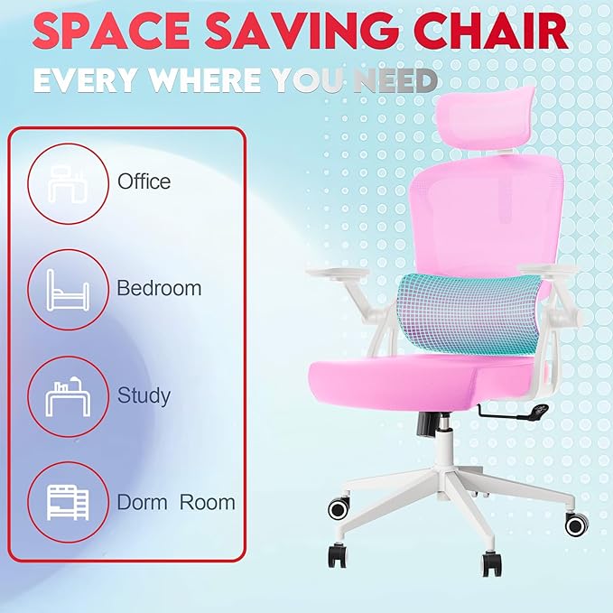 Ergonomic Office Chair - 400LB Comfy Desk Chairs with Adjustable Headrest and Lumbar Back Support, Mesh Computer Chairs with Wheels and Arms for Home Office, Study, Bedroom and Dorm (01pink)