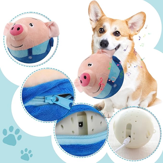 Active Pet Plush Sound Dog Toy, Interactive Ball - Washable Cartoon Pig, Squeaky Dog Toys for Indoor Play (Blue Pig)