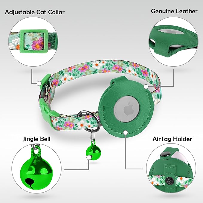 Airtag Cat Collar with Bell - Non Breakaway Soft Pet Collar with Leather Air Tag Holder - Adjustable GPS Anti-Lost Collars for Girl Boy Cats Kitten Puppies, Lightweight and Patterned (Floral Green)