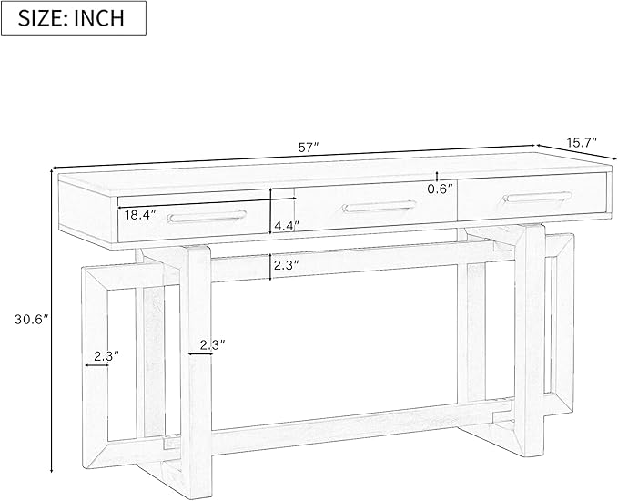 Knocbel Long Console Table with 3 Drawers and Handle, Elegant Entryway Sofa Table End Table with Cross Sled Base for Living Room Foyer, Corridor 15.7" D x 57" W x 30.6" H Black