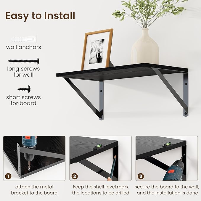 Fun Memories Deep Floating Shelves for Wall, 16W x 8D Wall Mounted Shelves Set of 2, Wide Display Ledge Shelf with Sturdy Metal Brackets for Living Room, Bathroom, Bedroom and Kitchen, Black