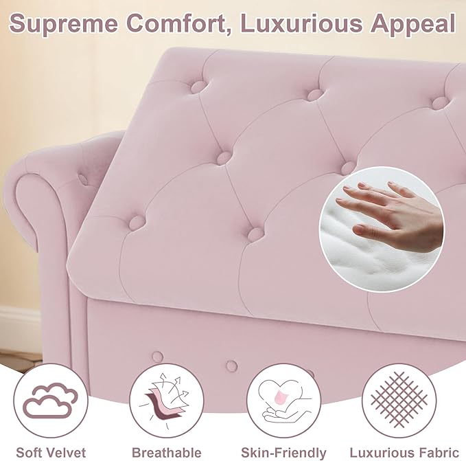 GNIXUU Ottoman with Storage Bench for Bedroom, 63" Velvet Upholstered End of Bed Storage Bench Seat, Rolled Arm Cushioned Ottoman with Wood Legs, Modern Window Chair for Living Room, Entryway, Pink