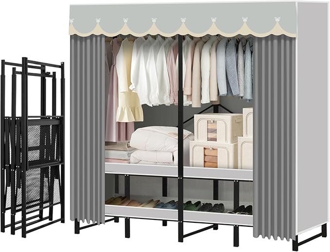 Portable Closet Rack Heavy-Duty Foldable Garment Racks with Cover 1200lbs Enclosed Wardrobe Closet with Independent Area for Hanging Clothes Storaging of Bedding (75in*20in*67in)