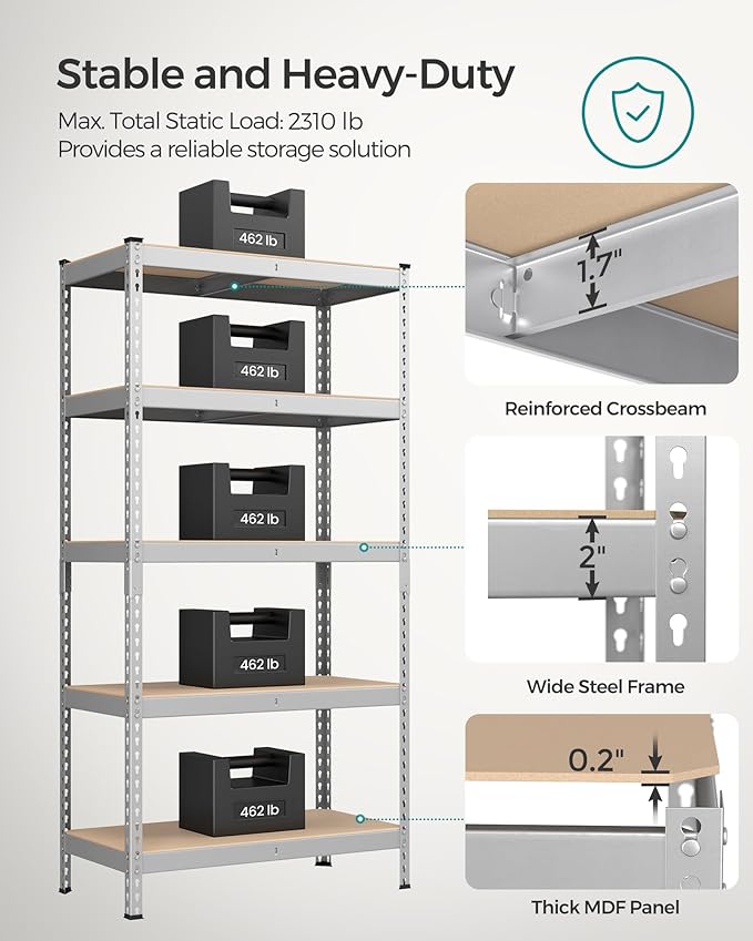 SONGMICS 5-Tier Storage Shelves, Load 2310 lb, Garage Storage, Boltless Assembly, Adjustable Shelving Unit, 17.7 x 35.4 x 70.9 Inches, for Study Shed Basement, Silver and Natural Beige UGLR450E01
