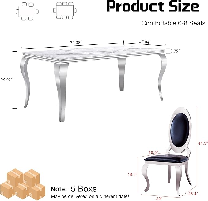 7-Piece Dining Table Set for 6, Faux Marble Modern Dining Table Set with 6 Big Oval Backrest Chairs, 70“ Stainless Steel Legs Table & Chair Set for Kitchen, Dining Room, Black & Silver