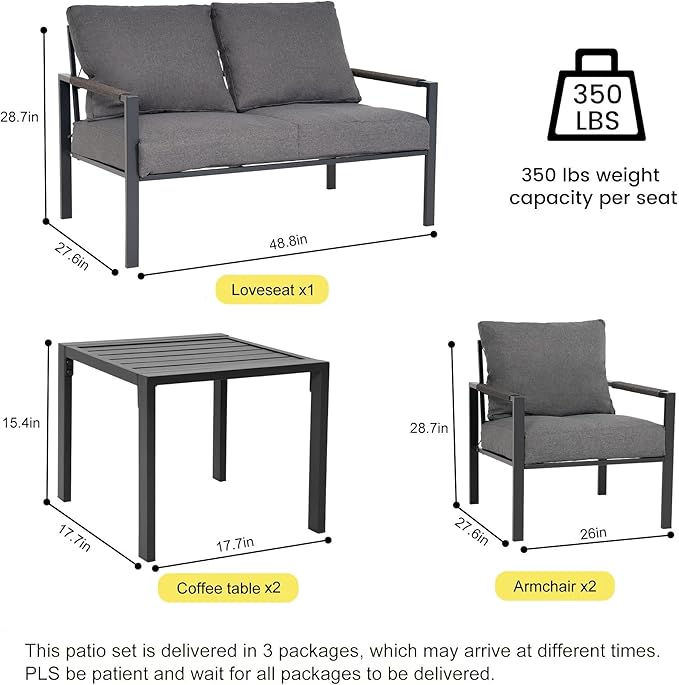 Metal Patio Furniture Set with 51inch Grey Fire Pit Table, 6-Piece Modern Outdoor Conversation Set with 6-Inch Thick Cushions, Outdoor Furniture Set for Garden, Backyard, Balcony, Poolside (Dark Grey)