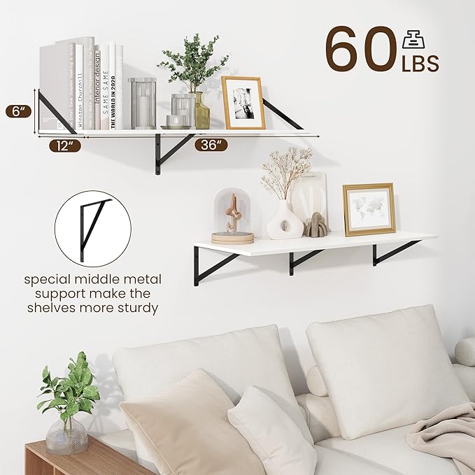 Fun Memories Floating Shelves for Wall, 12 Inch Deep Floating Shelves Set of 2, 36W x 12D Large Wall Shelf with Sturdy Metal Brackets for Living Room, Bathroom, Bedroom and Kitchen, White