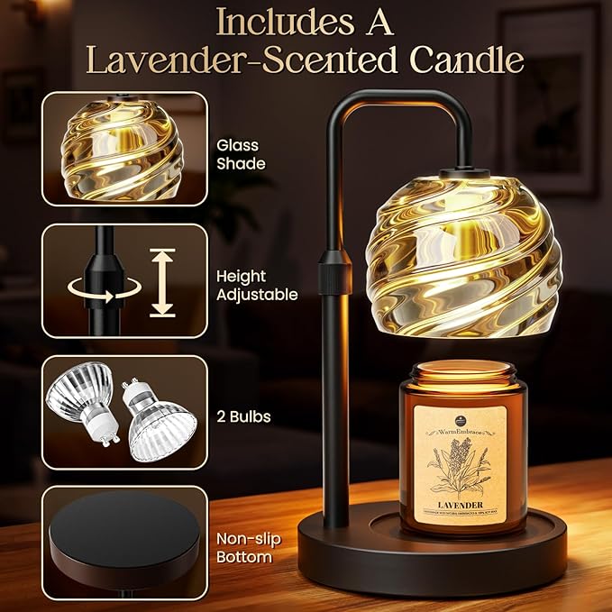 WarmEmbrace Candle Warmer Lamp with Lavender Candle Set, Electric Wax Warmer Lamp with Auto Timer & 4 Dimmable Lights, Adjustable Height for Jar Candles, Elegant Home Decor Gift for Women, Black