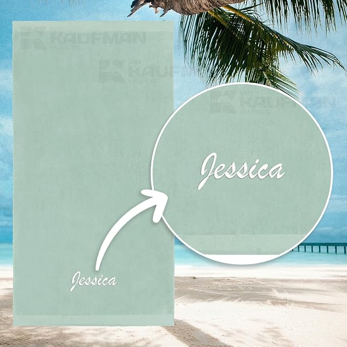 Kaufman - Personalized Velour Beach and Pool Towel 100% Cotton 30in X 60in Solid Color Bath Towel Embroidered (Seafoam)
