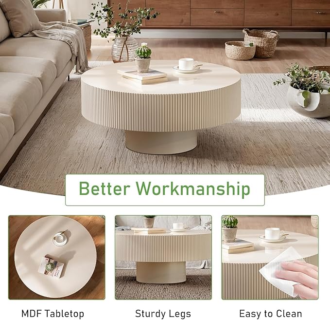 Round Coffee Table for Living Room, 30.91'' Modern Handcraft Drum Coffee Table Unique Fluted Coffee Tables Wood Center Table End Table for Small Space, Farmhouse Apartment Office (White Thickened)