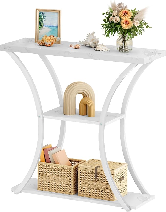 Hoctieon 3 Tier Console Table with Open Wood Shelves, Decorative Entryway Table with Curved Metal Frames, Narrow Sofa Table for Entrance, Living Room, Hallway, White Marbled