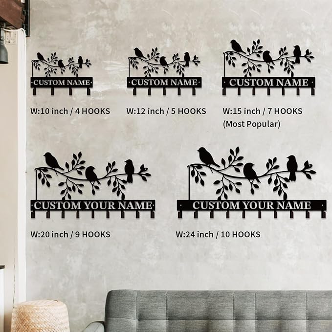 Personalized Custom Name Birds of Trees Wall Key Hooks,Metal Birds of Trees Art Clothes Hooks,Metal Birds of Trees Wall Home Storage Decorative,For Front Door, Hallway, Kitchen, Bedroom(Style H)