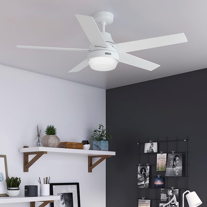 Hunter 52 inch Indoor Ceiling Fan with LED Light and Remote Control - White Modern Smart Ceiling Fan, Standard Mount, 5 Blades, For Bedroom, Living Room, or Kitchen, Quiet- Aerodyne 51336, Fresh White