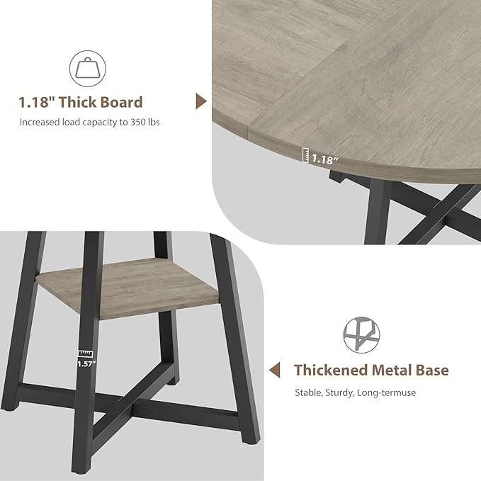 GAOMON Industrial Round Dining Table, 47 Inch Round Kitchen Table for 4, Dinner Table with Wooden Top and Metal Base for Dining Room, Living Room (Grey, 47.2 in w/Storage)