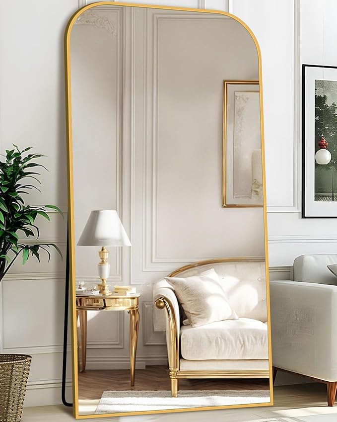 Antok Full Length Mirror, 81"x41" Floor Mirror Freestanding, Arched Floor Standing Large Full Body Mirror with Stand for Bedroom, Hanging Mounted for Living Room, Gold