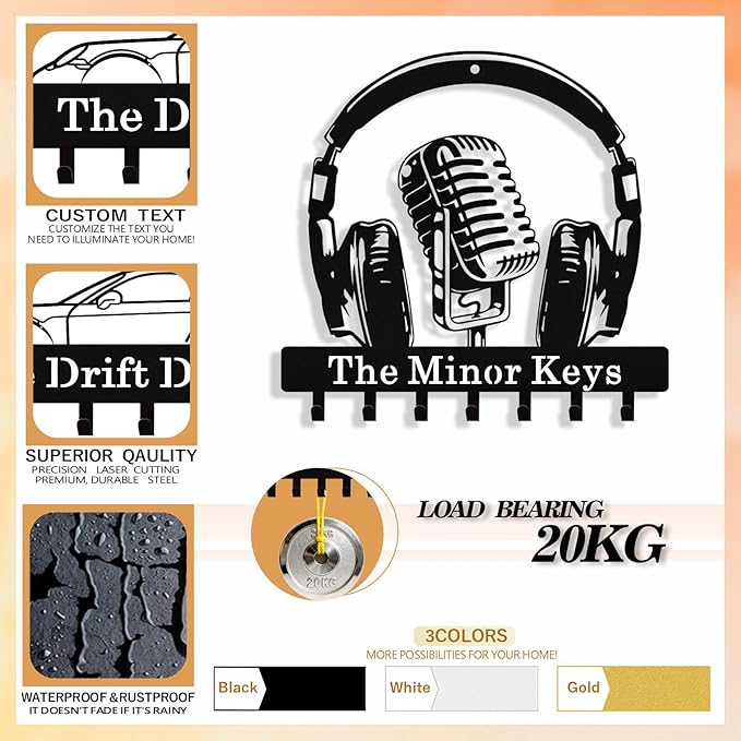 Personalized Music Key Holder Wall Mount, Custom Metal Key Holder for Wall with Name, Custom Keys Rack Hanger with Hooks for Entryway, Front Door, Hallway, Living Room, Kitchen