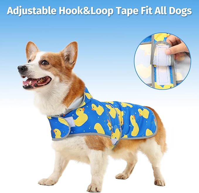 Dog Raincoat for Medium Dogs Waterproof Hooded Rain Jacket with Reflective Strips Leash Hole & Poncho Adjustable Fit (ShinyDuck,L)