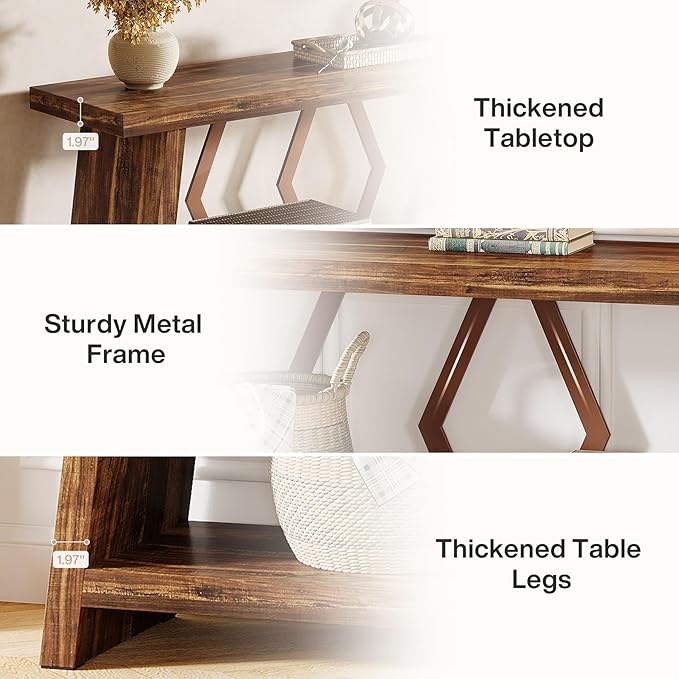 Tribesigns 70.86-Inch Extra Long Console Table for Living Room, 2-Tier Sofa Table Behind Couch with Storage, Wooden Console for Entryway Hallway, Brown