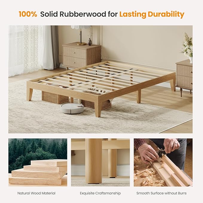 Full Size Wood Platform Bed Frame, 12 Inch Solid Wood Bed Frame with Wooden Slats, No Box Spring Needed, Easy Assembly, Rustic Pine