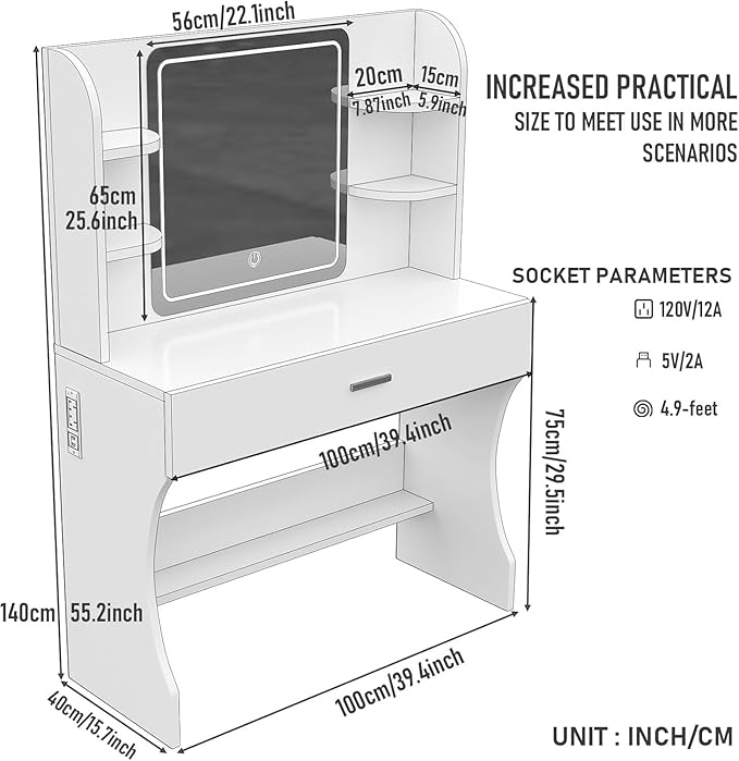 Vanity Desk, Makeup Vanity with LED Light Mirror, Small White Vanity with a Super Large Drawer and Power Outlet, 3 Color Lighting Modes Makeup Table for Bedroom, Dressing Room (White2)